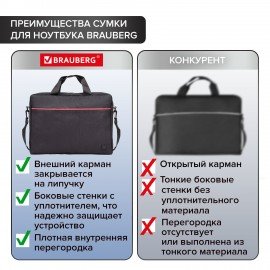 Сумка портфель BRAUBERG PRACTICAL с отделением для ноутбука 15,6", "Red line", черная, 29х40х7 см, 270829
