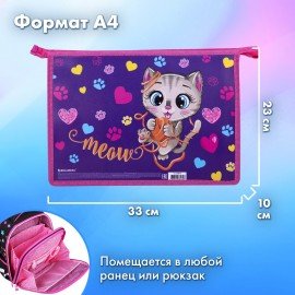 Папка для труда на молнии BRAUBERG А4, 2 отделения, органайзер, "Playing kitty", 270976