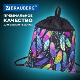 Мешок для обуви BRAUBERG БОЛЬШОЙ, с ручкой, карман на молнии, сетка, 49х41 см, "Feathers", 271057