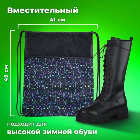Мешок для обуви BRAUBERG БОЛЬШОЙ, с ручкой, карман на молнии, сетка, 49х41 см, "Cats", 271059