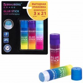Клей-карандаш 21 г, ВЫГОДНАЯ УПАКОВКА, BRAUBERG "Grade", 3 штуки на блистере, PVP-основа, 271248