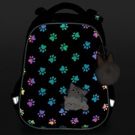 Ранец BRAUBERG LUMINOUS, 2 отделения, с брелоком, "Paws", СВЕТЯЩИЙСЯ РИСУНОК, 38х29х16 см, 271366