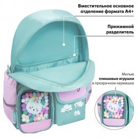 Рюкзак BRAUBERG PASTEL с термонашивками в комплекте, "Funny clouds", мятный, 40х29х14 см, 271421