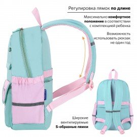 Рюкзак BRAUBERG PASTEL с термонашивками в комплекте, "Funny clouds", мятный, 40х29х14 см, 271421