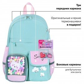 Рюкзак BRAUBERG PASTEL с термонашивками в комплекте, "Funny clouds", мятный, 40х29х14 см, 271421