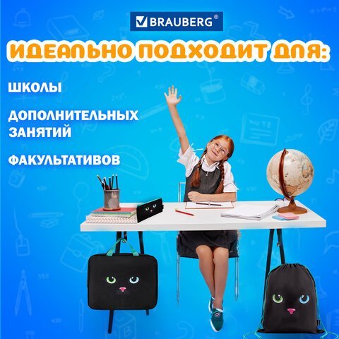 Школьный набор BRAUBERG: папка А4, мешок для обуви 42х33 см, пенал-косметичка 20х10 см, "Black cat", 271434