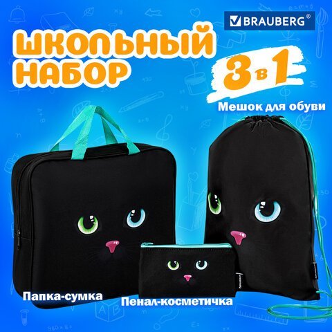 Школьный набор BRAUBERG: папка А4, мешок для обуви 42х33 см, пенал-косметичка 20х10 см, "Black cat", 271434