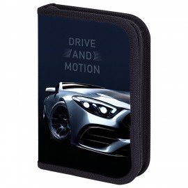 Пенал BRAUBERG с наполнением, 1 отделение, 1 откидная планка, 24 предмета, 21х14 см, "Sport car", 271527