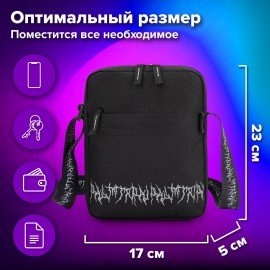 Сумка на плечо BRAUBERG COMPACT с карманом, черная с принтом, 23х17х5 см, 271686