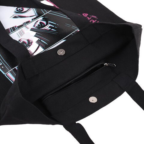Сумка-шоппер BRAUBERG PREMIUM, канвас, 40х35 см, на кнопке, карман, черный, "Anime face", 271903