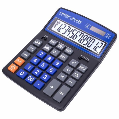 Калькулятор настольный ОФИСМАГ 555-BKBU (206x155 мм), 12 разрядов, двойное питание, ЧЕРНО-СИНИЙ, 271927