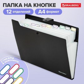 Папка-органайзер на кнопке 12 отделений, BRAUBERG "Extra", А4, черная с белым, 271930