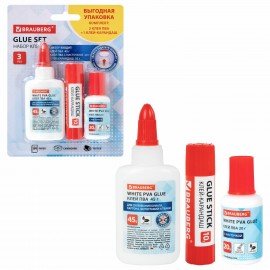 Набор клея BRAUBERG (клей-карандаш PVP 10 г, клей ПВА 45 г, клей ПВА 20 г с кисточкой), блистер, 271978