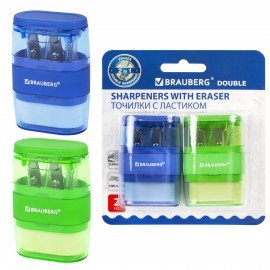 Точилки с ластиком 2 в 1 BRAUBERG "Double", НАБОР 2 ШТУКИ, 2 отверстия, синяя и зеленая, блистер, 271995