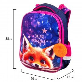 Ранец BRAUBERG PREMIUM, 2 отделения, с брелоком, "Cute fox", LED-ЛАМПОЧКИ, 38х29х16 см, 272019