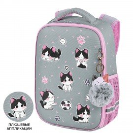 Ранец BRAUBERG LIGHT, 1 отделение, с брелоком, "Cat patches", плюшевые нашивки, 36х26х13 см, 272030