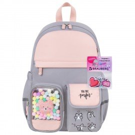 Рюкзак BRAUBERG PASTEL с термонашивками в комплекте, "Sweet paws", серый, 40х29х14 см, 272064