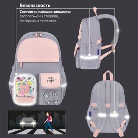 Рюкзак BRAUBERG PASTEL с термонашивками в комплекте, "Sweet paws", серый, 40х29х14 см, 272064