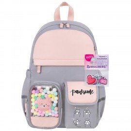 Рюкзак BRAUBERG PASTEL с термонашивками в комплекте, "Sweet paws", серый, 40х29х14 см, 272064