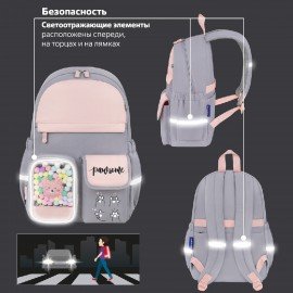 Рюкзак BRAUBERG PASTEL с термонашивками в комплекте, "Sweet paws", серый, 40х29х14 см, 272064