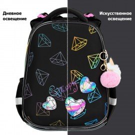 Ранец BRAUBERG LUMINOUS, 2 отделения, с брелоком, "Diamonds", СВЕТЯЩИЙСЯ РИСУНОК, 38х29х16 см, 272070