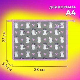 Папка для тетрадей ЮНЛАНДИЯ А4, 1 отделение, пластик, на молнии, "Sweet whiskers", 272137