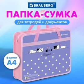Папка на молнии с ручками BRAUBERG А4, 1 отделение, пластик, 80 мм, "Meow", 272163