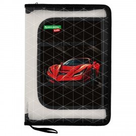 Папка для труда на молнии BRAUBERG KIDS А4, 1 отделение, прозрачная, органайзер, "Red car", 272209
