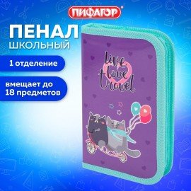 Пенал ПИФАГОР, 1 отделение, ламинированный картон, 19х11 см, "Bike cats", 272241