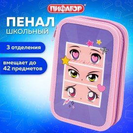 Пенал ПИФАГОР, 3 отделения, ламинированный картон, 19х11 см, "Anime eyes", 272251
