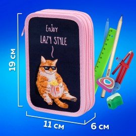 Пенал ПИФАГОР, 3 отделения, ламинированный картон, 19х11 см, "Lazy cat", 272252