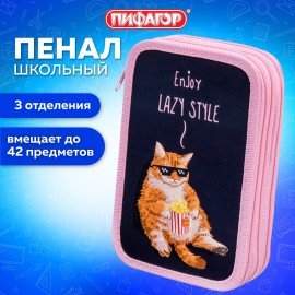 Пенал ПИФАГОР, 3 отделения, ламинированный картон, 19х11 см, "Lazy cat", 272252