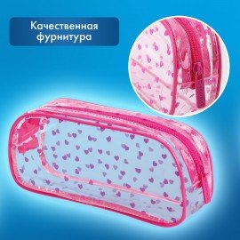 Пенал-косметичка BRAUBERG LUCENT на молнии, прозрачный, "Hearts", 21х5х9 см, 272345