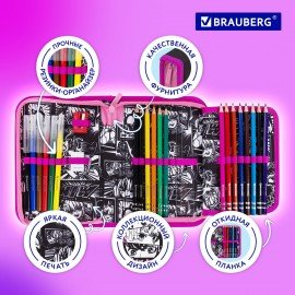 Пенал BRAUBERG с наполнением, 1 отделение, 1 откидная планка, 24 предмета, 21х14 см, "Anime movie", 272349