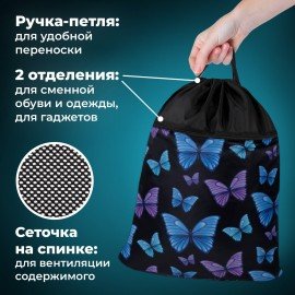 Мешок для обуви BRAUBERG БОЛЬШОЙ, с ручкой, карман на молнии, сетка, 49х41 см, "Fly aways", 272402