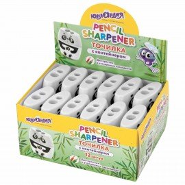 Точилка с контейнером для простых и утолщенных карандашей ЮНЛАНДИЯ "ПАНДА", 2 отверстия, 272507