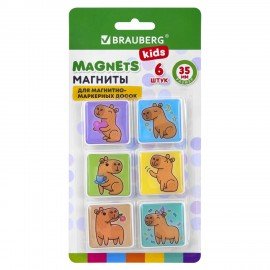 Магниты квадратные стеклянные 35 мм для досок магнитно-маркерных, НАБОР 6 шт., "Капибара", BRAUBERG KIDS, блистер, 272513