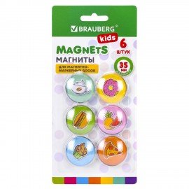 Магниты стеклянные 35 мм для досок магнитно-маркерных НАБОР 6 шт., "3D Street Food" BRAUBERG KIDS, круглые, блистер, 272515