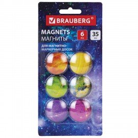 Магниты стеклянные 35 мм для досок магнитно-маркерных, НАБОР 6 шт., "3D Планеты", BRAUBERG Glass, круглые, блистер, 272517