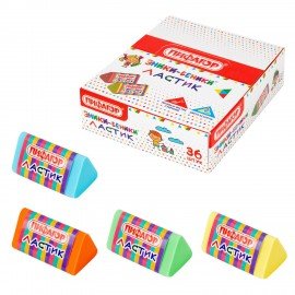 Ластик трехгранный ПИФАГОР "ЭНИКИ-БЕНИКИ", 35х18х18 мм, картонный держатель, цвета ассорти, 272668