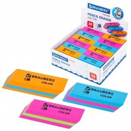 Ластик BRAUBERG "Color", 55х15х13 мм, прямоугольный, скошенный, яркие цвета ассорти, 272671