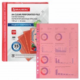 Папки-файлы перфорированные КРАСНЫЕ А4 BRAUBERG, комплект 100 шт., гладкие, 35 мкм, 272677