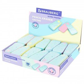 Ластик BRAUBERG "ULTRA PASTEL", 57х24х15 мм, пастельные цвета ассорти, бирюзовый пластиковый держатель, 272688