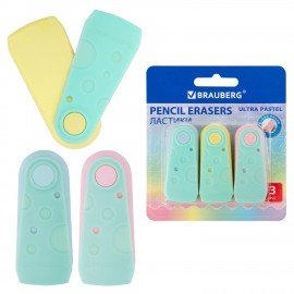 Ластики BRAUBERG "ULTRA PASTEL", НАБОР 3 ШТУКИ, 57х24х15 мм, ассорти пастель, бирюзовый пластиковый держатель, блистер, 272689