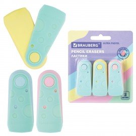 Ластики BRAUBERG "ULTRA PASTEL", НАБОР 3 ШТУКИ, 57х24х15 мм, ассорти пастель, бирюзовый пластиковый держатель, блистер, 272689