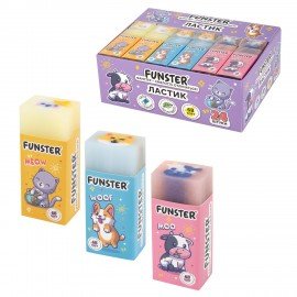 Ластики FUNSTER (ФАНСТЕР) PETS, НАБОР 3 штуки, 51х21х16 мм, ЭКО-ПВХ, прямоугольные, картонный рукав, ассорти, 272725