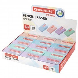 Ластик BRAUBERG PASTEL MATTE, 50х24х10 мм, ЭКО-ПВХ, прямоугольный, картонный рукав, ассорти, 272729