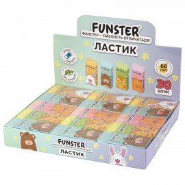 Ластик FUNSTER (ФАНСТЕР) ANIMALS, 50х24х10 мм, ЭКО-ПВХ, прямоугольный, картонный рукав, ассорти, 272730