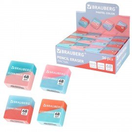 Ластик BRAUBERG PASTEL COLOR DUO, 34х34х14 мм, ЭКО-ПВХ, ассорти, 272733