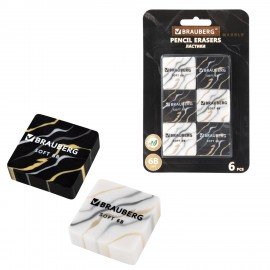 Ластики BRAUBERG MARBLE НАБОР 6 штук, 34х34х11 мм, ЭКО-ПВХ, квадратные, ассорти, блистер, 272735